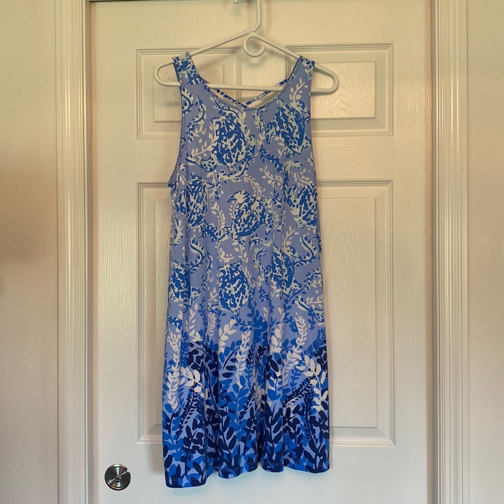 Lilly Pulitzer blue sleeveless shift dress with cross cross detail